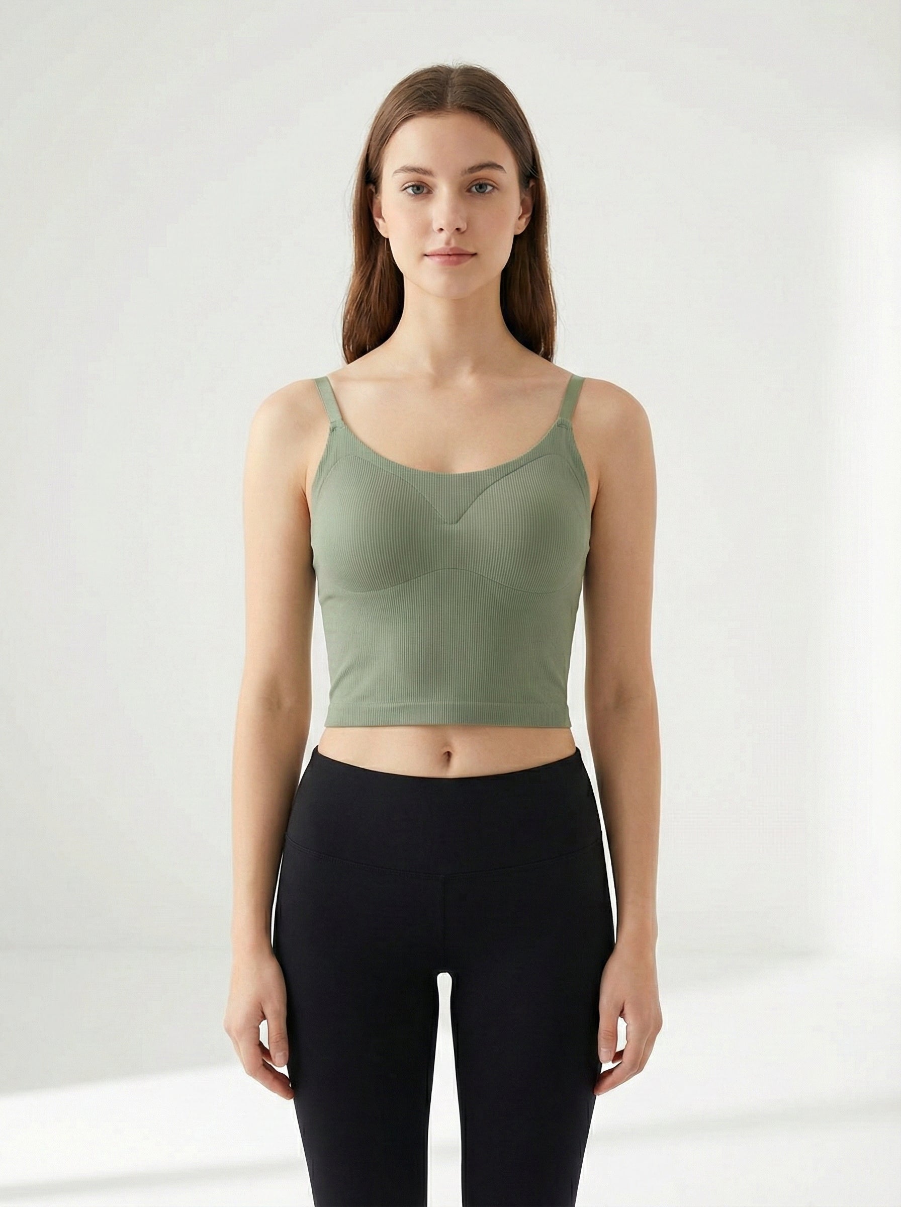 b8Women’s Seamless Ribbed Padded Camisole – Sage Green Stretchable Tank Top with Adjustable Straps (Removable Soft Pads)