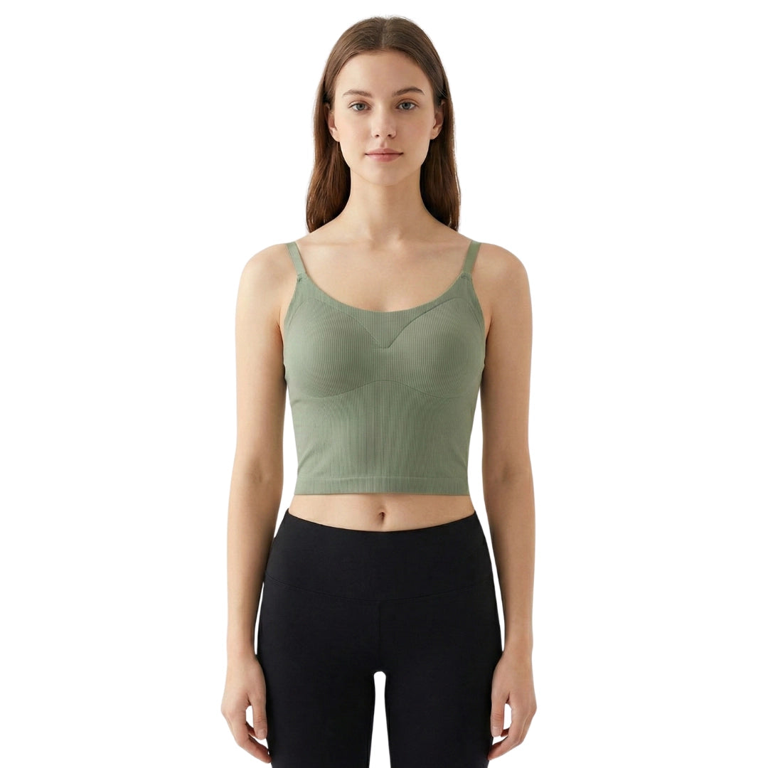 b8Women’s Seamless Ribbed Padded Camisole – Sage Green Stretchable Tank Top with Adjustable Straps (Removable Soft Pads)
